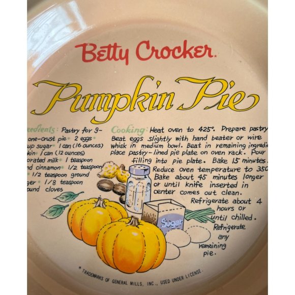RARE: Vtg BETTY CROCKER Peach-Colored Pumpkin PIE PLATE Dish Recipe Taiwan 11" - Picture 15 of 15